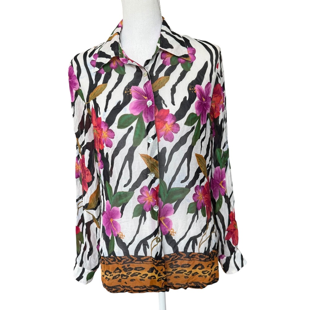 Tess Silk Blouse Large Zebra‎ Floral Leopard Tropical Button Down Long Sleeve